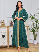 Abaya Muslim Fashion Chic Tape Trim Full Sleeve V-Neck Belted Clothing Elegant Casual African Long Dresses For Women Green Dress